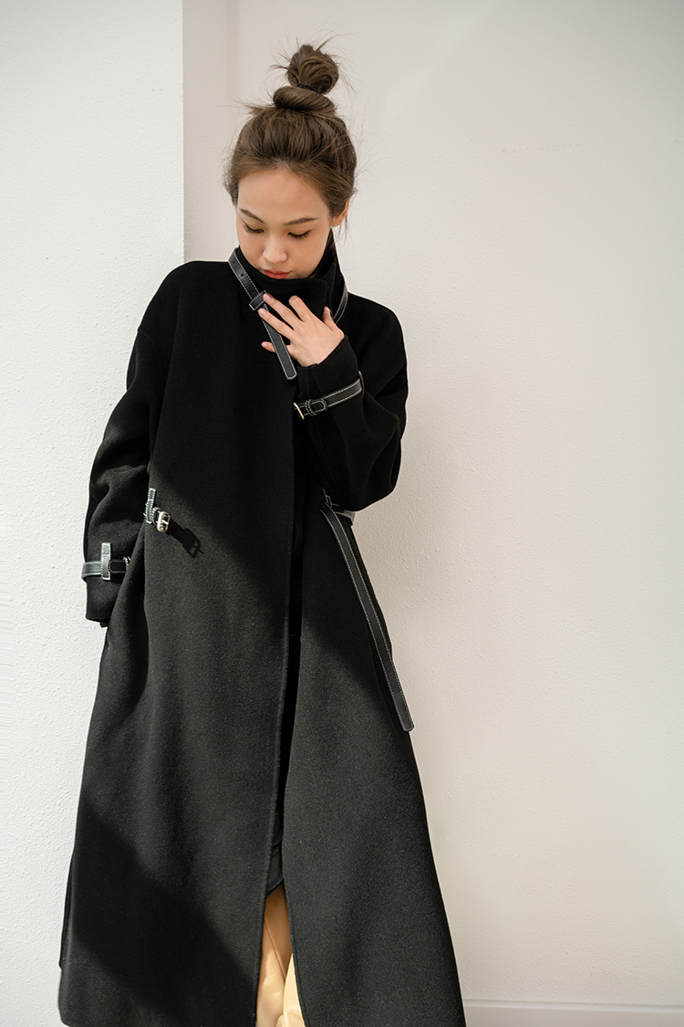 2021 Autumn and Winter New Reversible Cashmere Coat Women's Bearing Leather Patchwork Mid-Length Lazy Noble Woolen Coat for Women
