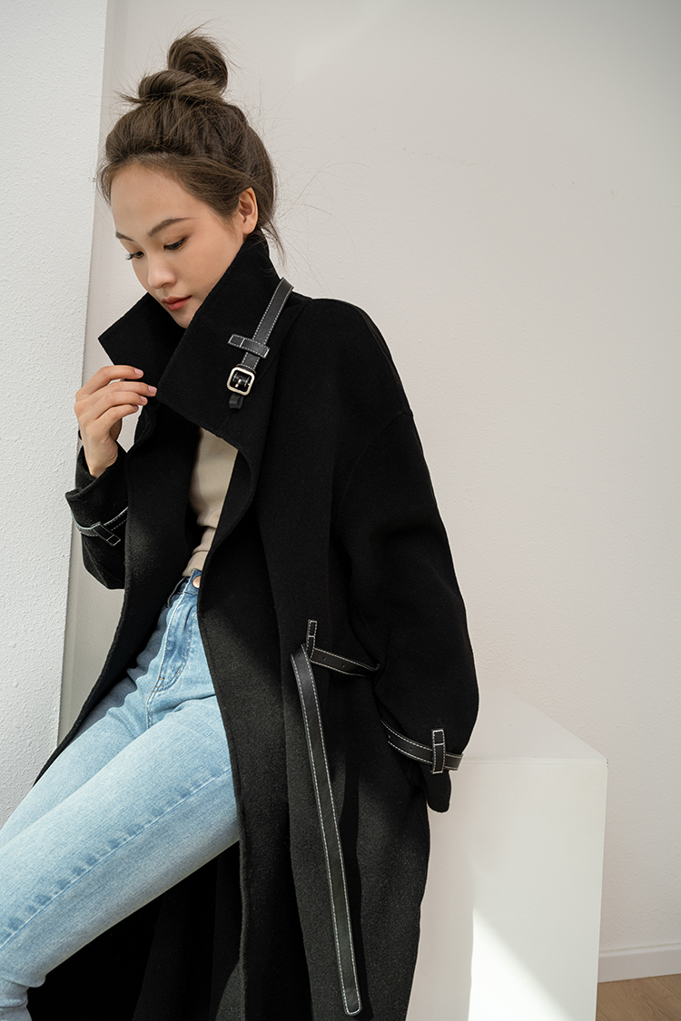 2021 Autumn and Winter New Reversible Cashmere Coat Women's Bearing Leather Patchwork Mid-Length Lazy Noble Woolen Coat for Women
