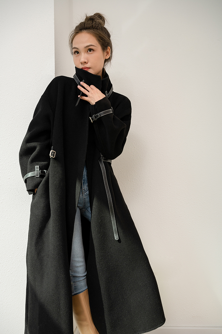 2021 Autumn and Winter New Reversible Cashmere Coat Women's Bearing Leather Patchwork Mid-Length Lazy Noble Woolen Coat for Women