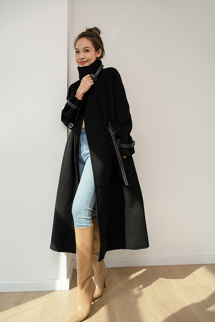 2021 Autumn and Winter New Reversible Cashmere Coat Women's Bearing Leather Patchwork Mid-Length Lazy Noble Woolen Coat for Women