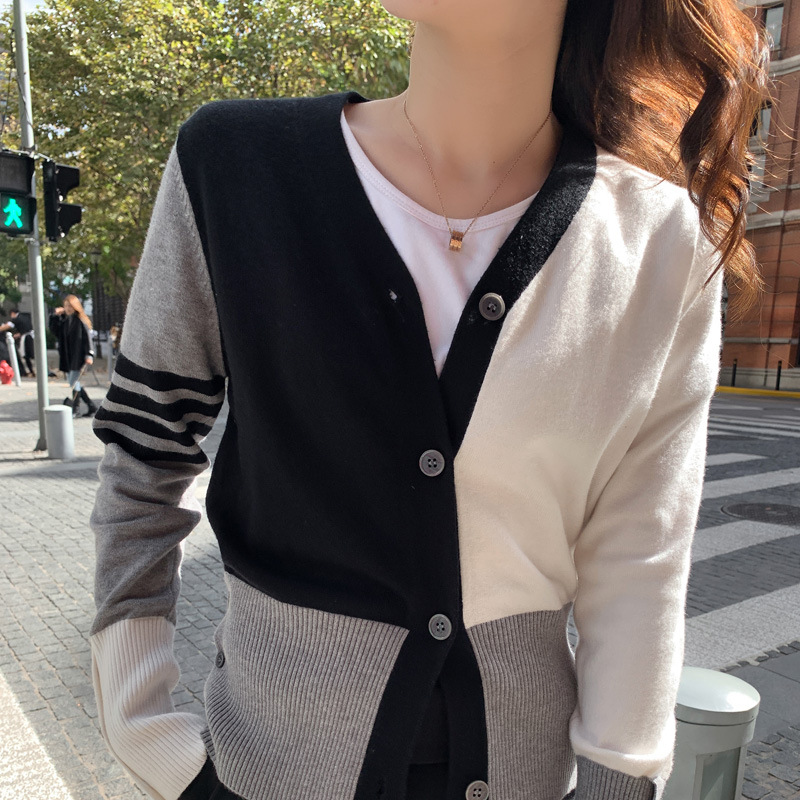 Spring and Autumn Outdoor Wool Cardigan New Women&#039;s Knitted Cardigan V-neck Loose Color Matching Knitted Fashionable Jacket