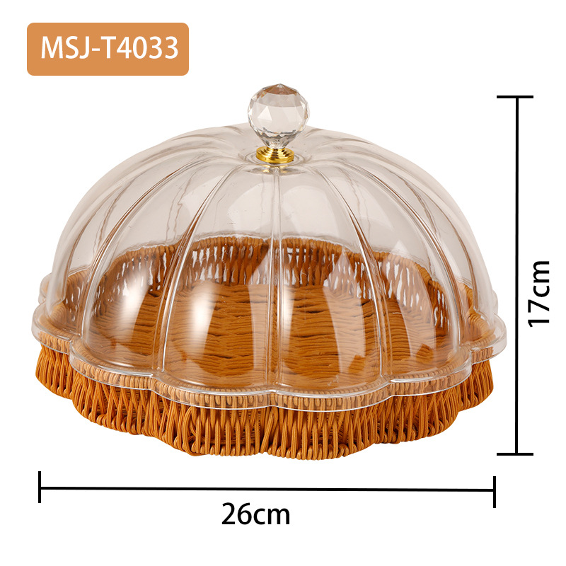 Transparent Food Cover Acrylic Bread Display Cake Cover Rattan Bottom Hotel Dustproof Pumpkin Shape Food Cover