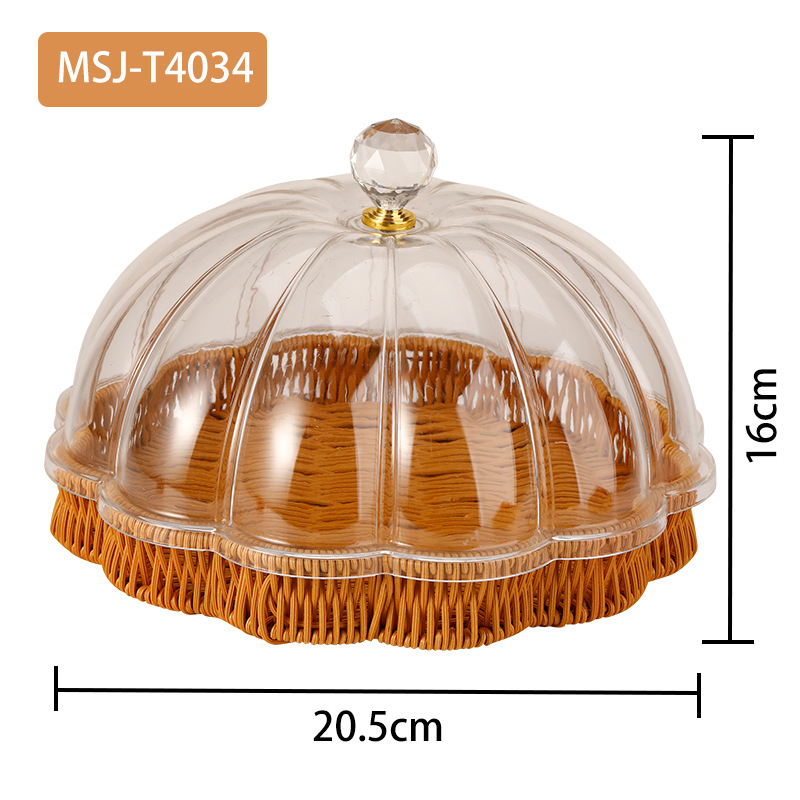 Transparent Food Cover Acrylic Bread Display Cake Cover Rattan Bottom Hotel Dustproof Pumpkin Shape Food Cover