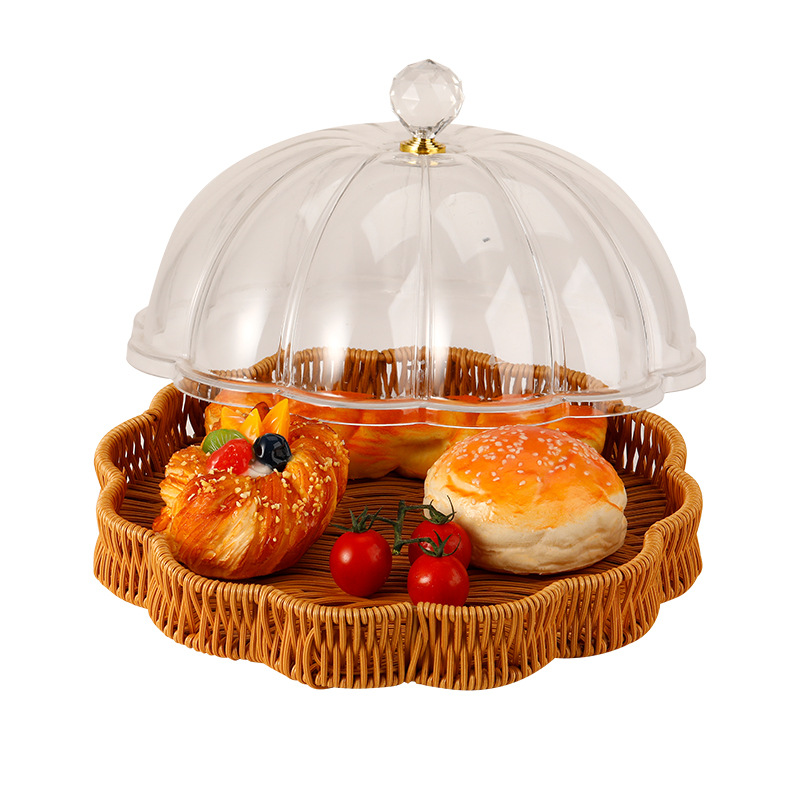 Transparent Food Cover Acrylic Bread Display Cake Cover Rattan Bottom Hotel Dustproof Pumpkin Shape Food Cover