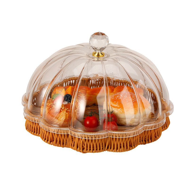 Transparent Food Cover Acrylic Bread Display Cake Cover Rattan Bottom Hotel Dustproof Pumpkin Shape Food Cover