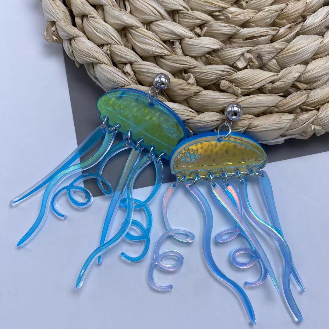 Colorful Plate Laser Super Flash Color Reflective Jellyfish Long Tassel Exaggerated Elegant Style Acrylic Earrings 2021