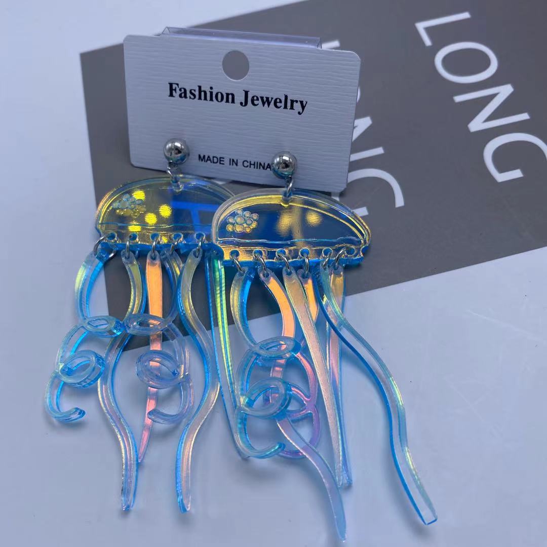 Colorful Plate Laser Super Flash Color Reflective Jellyfish Long Tassel Exaggerated Elegant Style Acrylic Earrings 2021