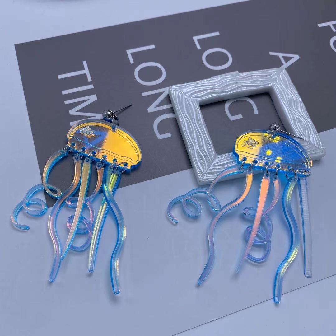 Colorful Plate Laser Super Flash Color Reflective Jellyfish Long Tassel Exaggerated Elegant Style Acrylic Earrings 2021