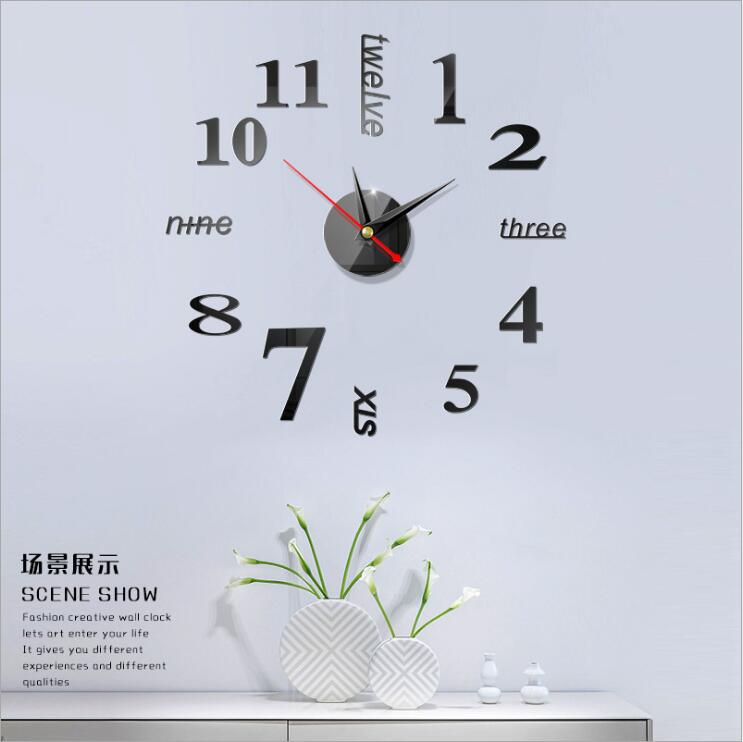 Creative european-style wall clock household diy3D stereo decorative clock acrylic digital mirror wall paste Creative european-style wall clock household diy3D stereo decorative clock acrylic digital mirror wall paste