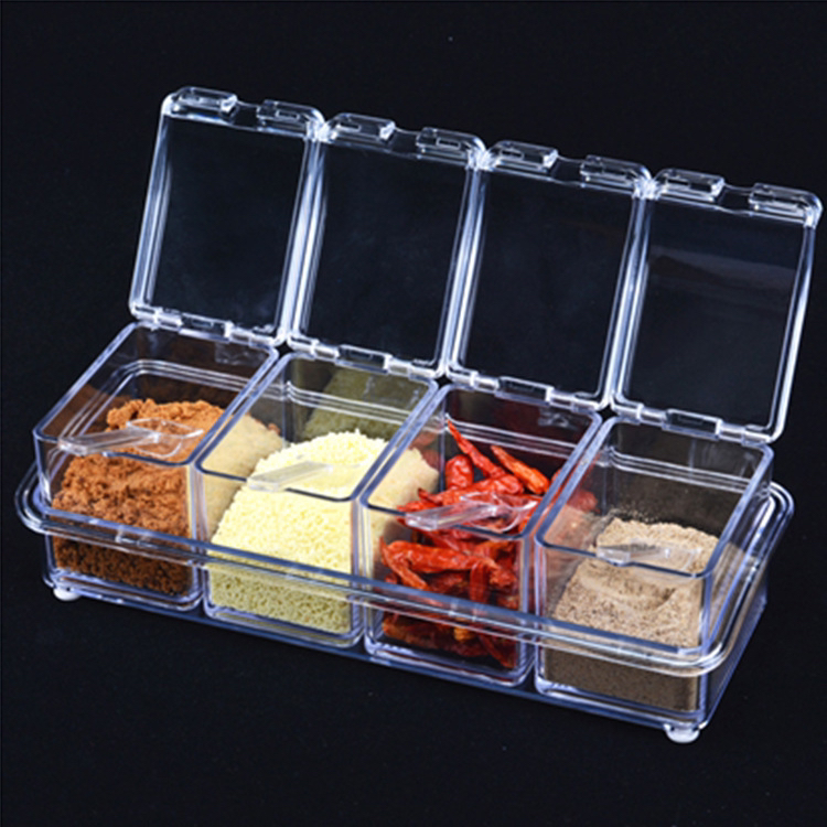 Transparent Acrylic Condiment Dispenser Four-Grid Seasoning Box Four-in-One Cruet Set with Spoon