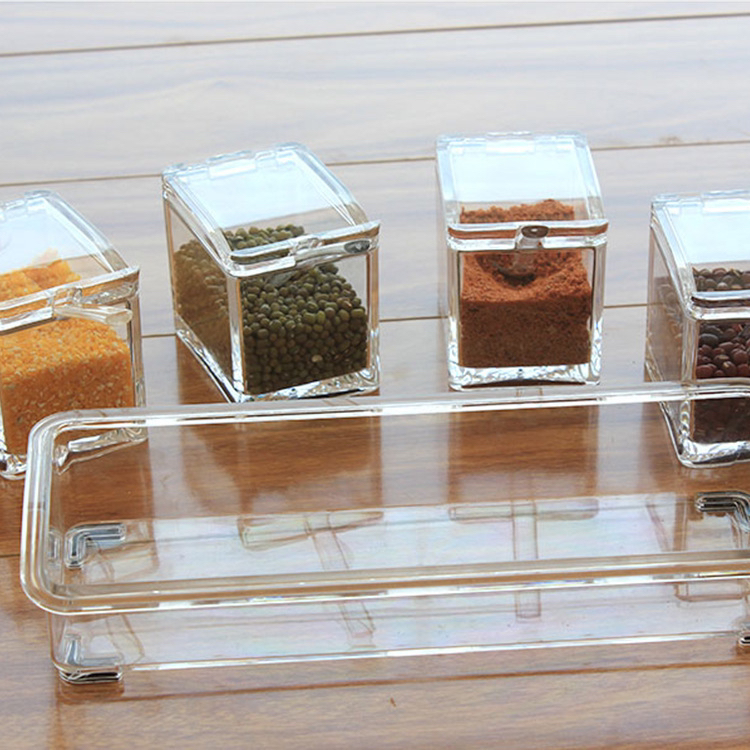 Transparent Acrylic Condiment Dispenser Four-Grid Seasoning Box Four-in-One Cruet Set with Spoon