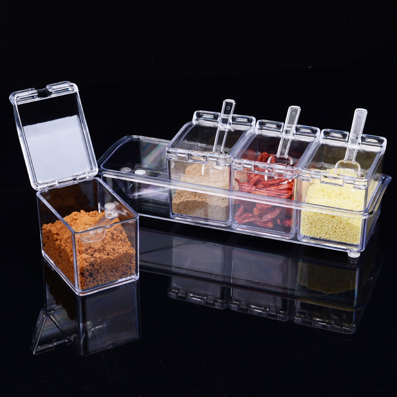 Transparent Acrylic Condiment Dispenser Four-Grid Seasoning Box Four-in-One Cruet Set with Spoon Transparent Acrylic Condiment Dispenser Four-Grid Seasoning Box Four-in-One Cruet Set with Spoon