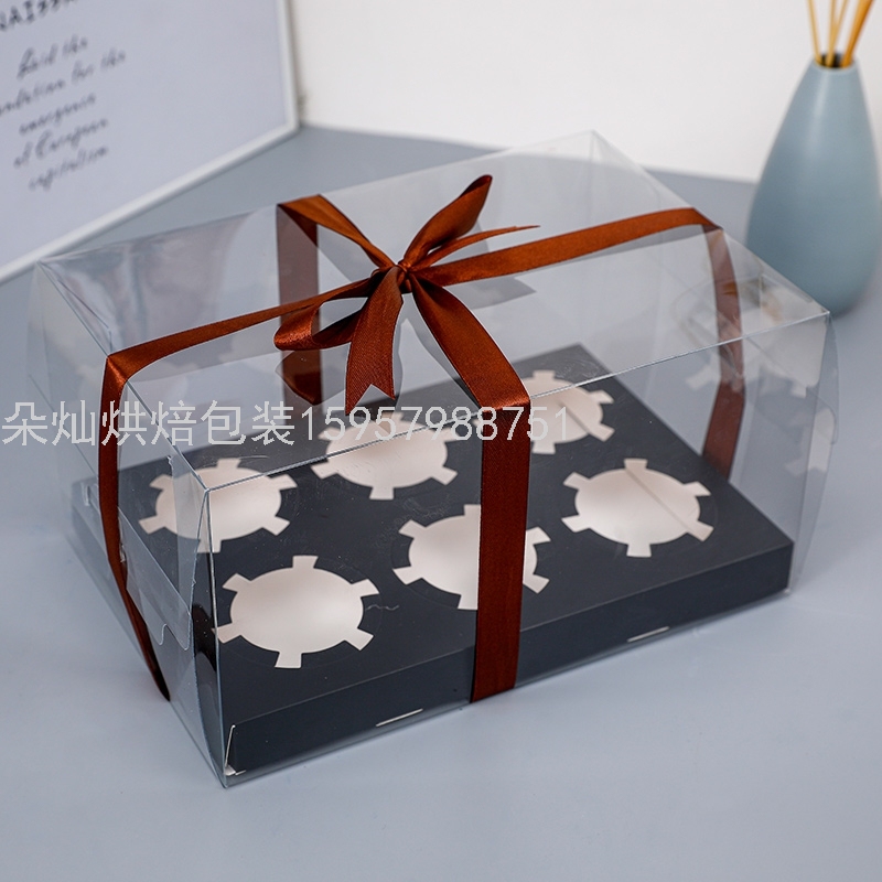 6 Cups Black Transparent Cake Box Cup Cake Packaging Box Paper Cup Transparent Plastic Dessert to-Go Box