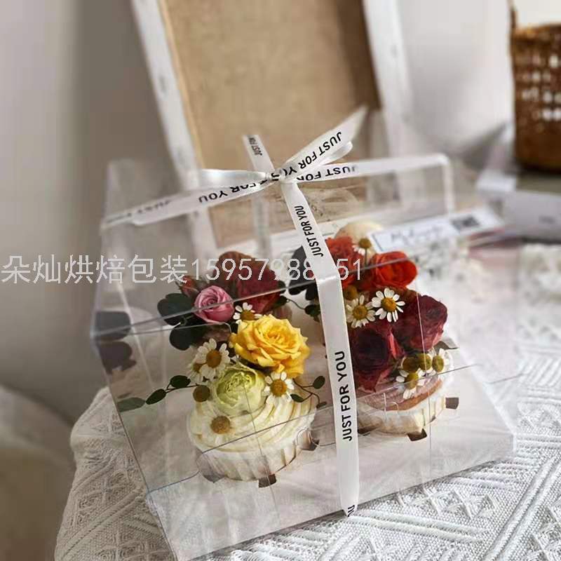 4 Cups White Transparent Cake Box Cup Cake Packaging Box Paper Cup Transparent Plastic Dessert to-Go Box