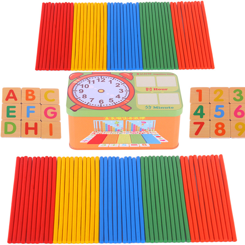 Iron box for children&#039;s arithmetic rod counting bar children&#039;s math teaching magnetic alarm clock toy.