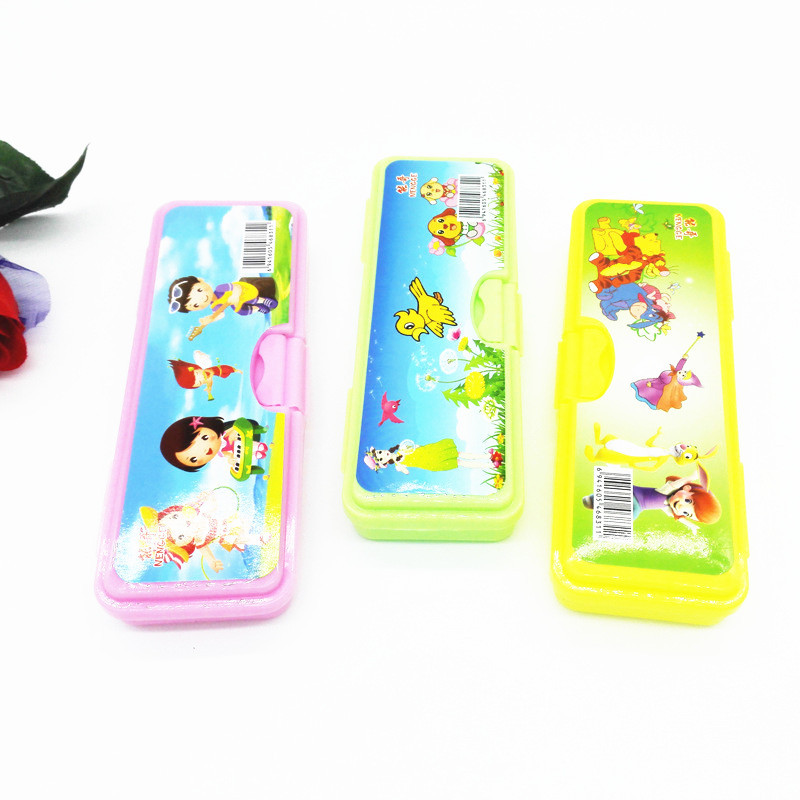 Plastic Double-Layer Stationery Box Creative Cartoon Pattern Student Pencil Case 2 Yuan Shop Hot Sale Stationery Wholesale