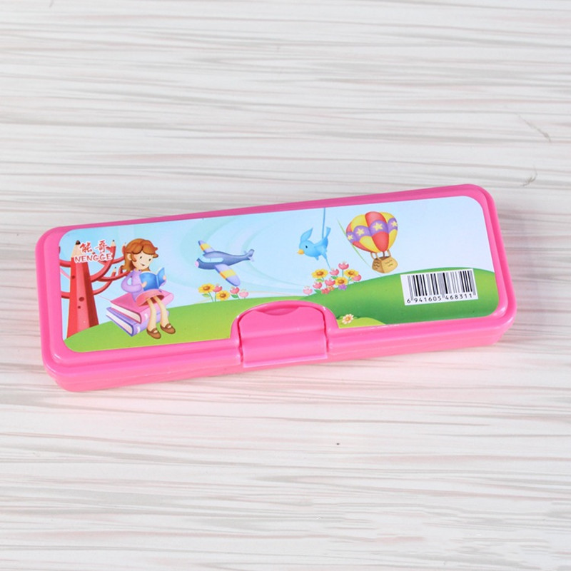 Plastic Double-Layer Stationery Box Creative Cartoon Pattern Student Pencil Case 2 Yuan Shop Hot Sale Stationery Wholesale