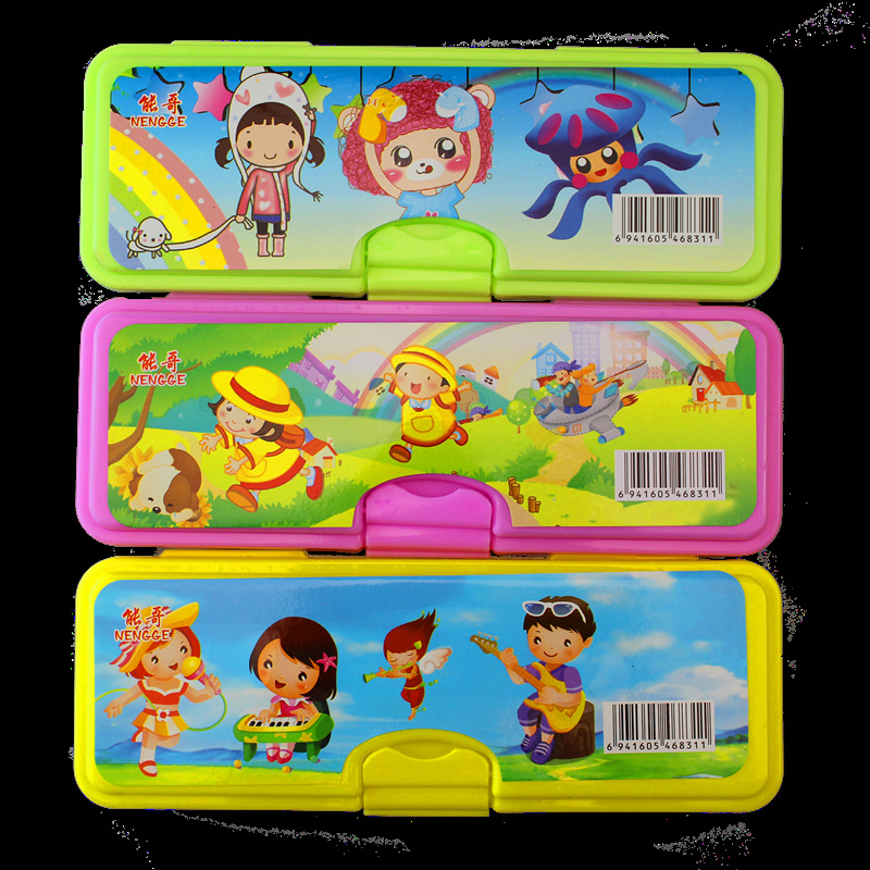 Plastic Double-Layer Stationery Box Creative Cartoon Pattern Student Pencil Case 2 Yuan Shop Hot Sale Stationery Wholesale