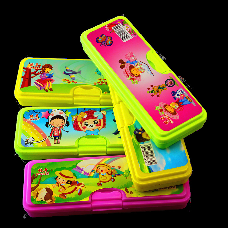 Plastic Double-Layer Stationery Box Creative Cartoon Pattern Student Pencil Case 2 Yuan Shop Hot Sale Stationery Wholesale