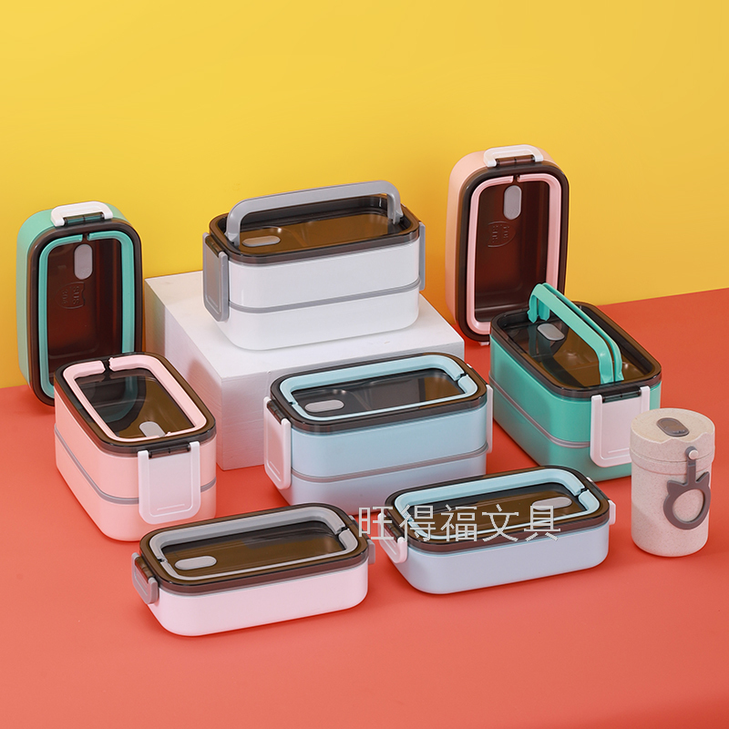 304 Stainless Steel Double Rounds Handle Insulation Lunch Box Tape Tableware Portable Bento Box Multi-Layer Lunch Box 1400ml