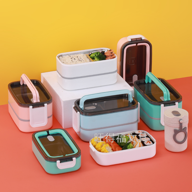 304 Stainless Steel Double Rounds Handle Insulation Lunch Box Tape Tableware Portable Bento Box Multi-Layer Lunch Box 1400ml