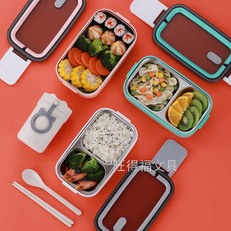 304 Stainless Steel Double Rounds Handle Insulation Lunch Box Tape Tableware Portable Bento Box Multi-Layer Lunch Box 1400ml