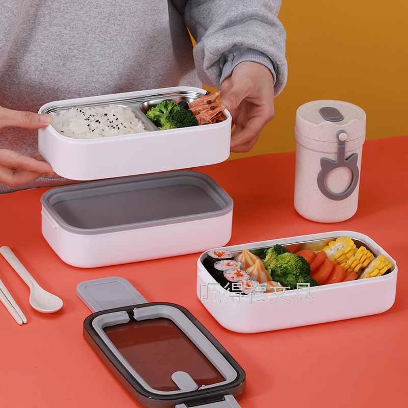304 Stainless Steel Double Rounds Handle Insulation Lunch Box Tape Tableware Portable Bento Box Multi-Layer Lunch Box 1400ml