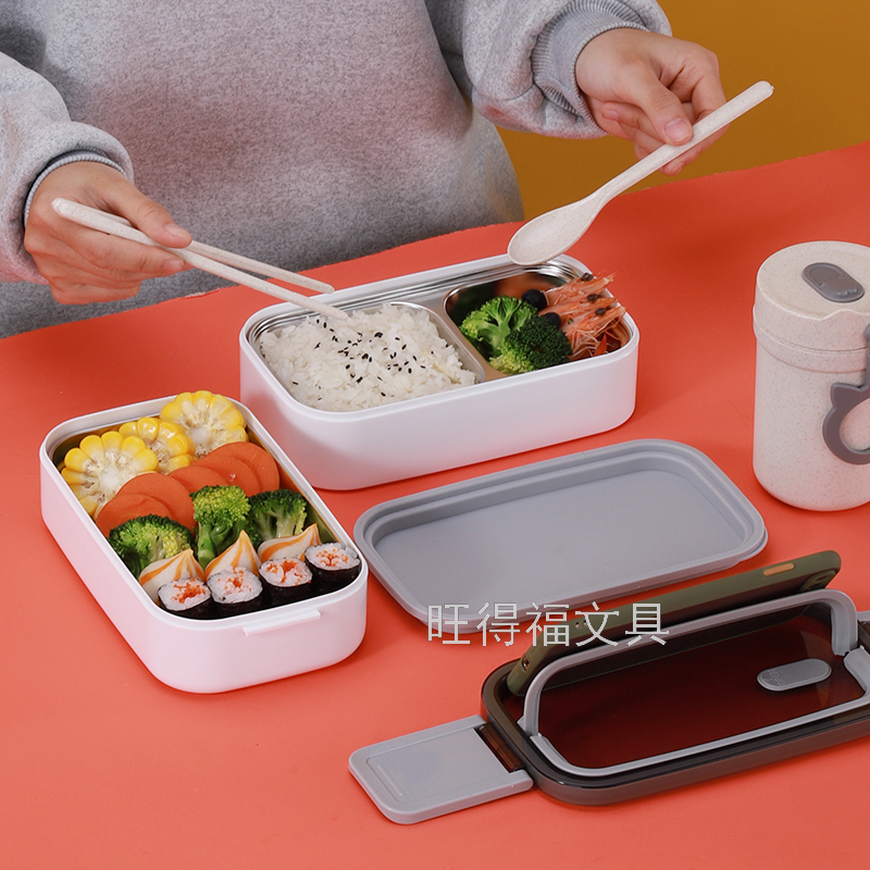 304 Stainless Steel Double Rounds Handle Insulation Lunch Box Tape Tableware Portable Bento Box Multi-Layer Lunch Box 1400ml