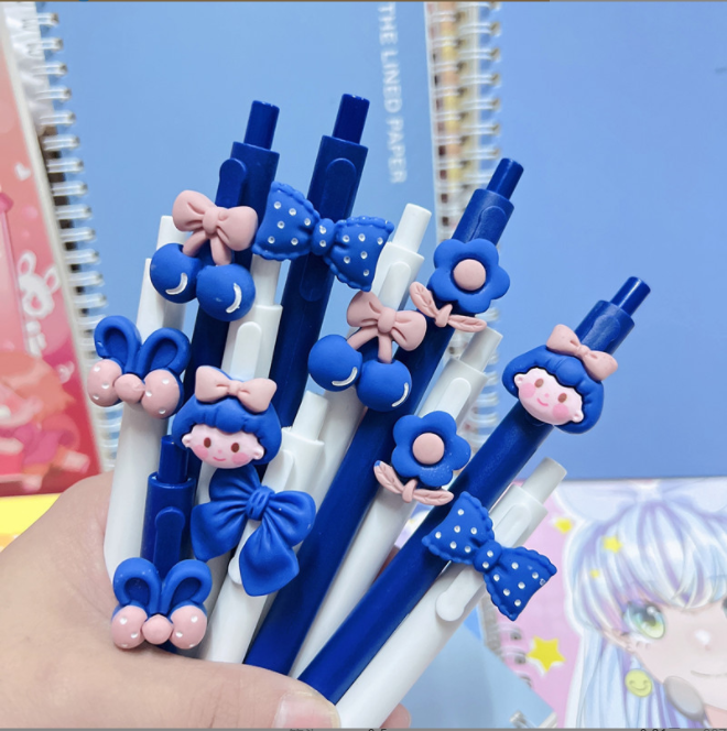 Cute Girl Korean Style Blue Color Cartoon Pendant Gel Pen Press Ball Pen Black Student Gift Pen Carbon Pen