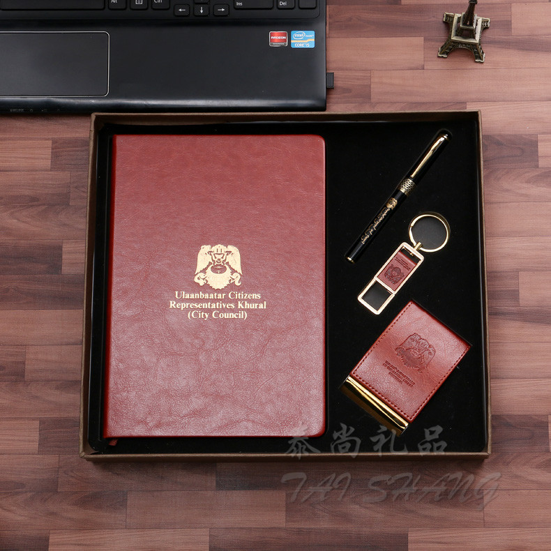 Direct selling notebook with card box key ring metal wrapping ball pen ogo gift set.
