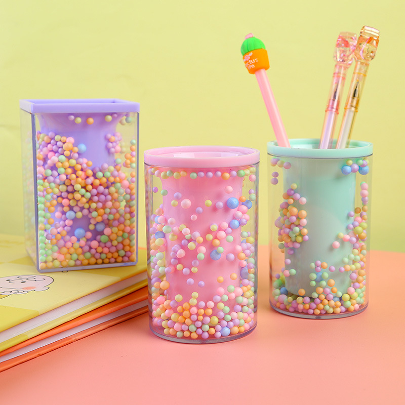 New Student Desktop Storage round and Square Pen Holder Transparent Alec Foam Ball Style Decoration Storage Pen Holder