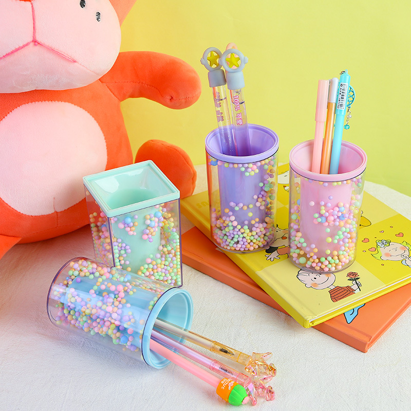 New Student Desktop Storage round and Square Pen Holder Transparent Alec Foam Ball Style Decoration Storage Pen Holder