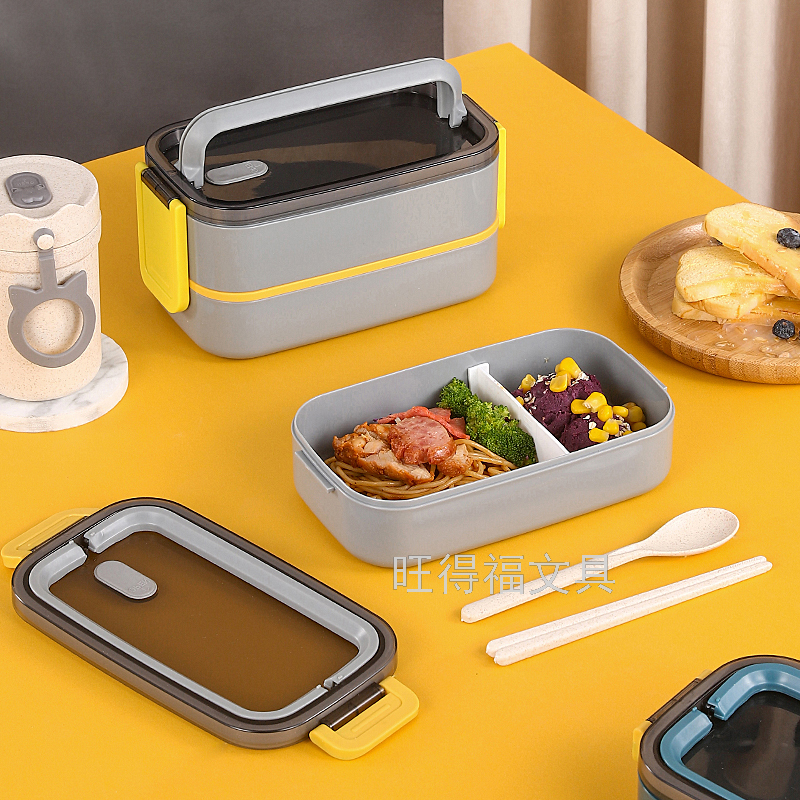 Plastic Tape Handle Double Deck Insulated Lunch Box with Tableware Portable Bento Box Multi-Layer Lunch Box Customizable 1400ml