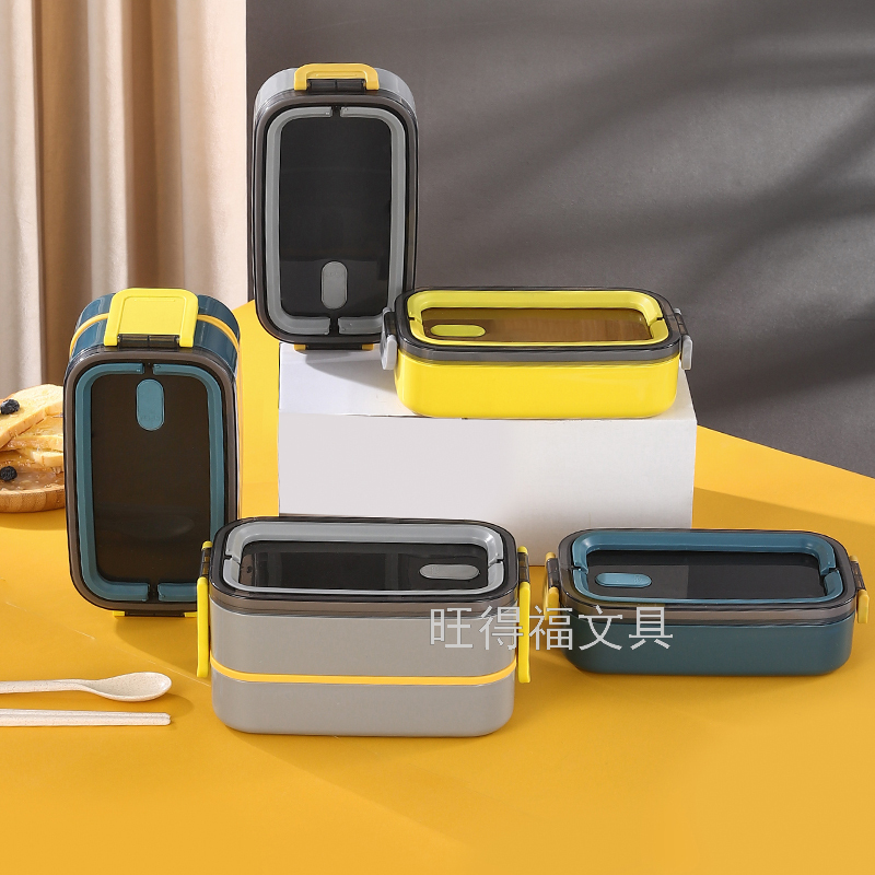 Plastic Tape Handle Double Deck Insulated Lunch Box with Tableware Portable Bento Box Multi-Layer Lunch Box Customizable 1400ml