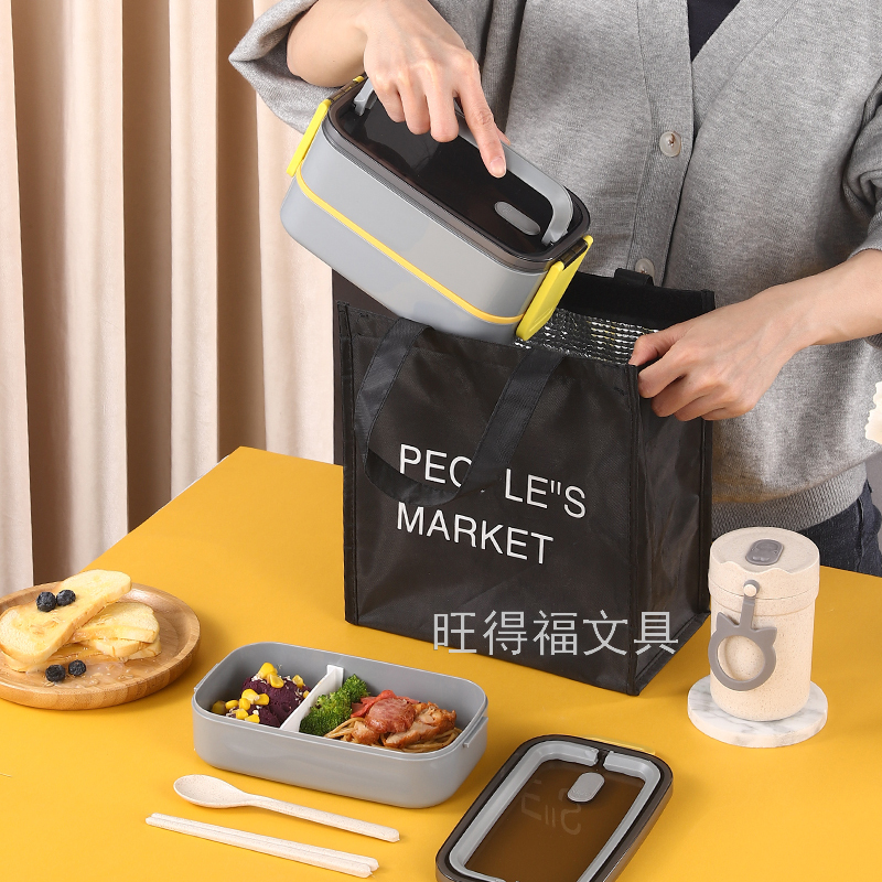 Plastic Tape Handle Double Deck Insulated Lunch Box with Tableware Portable Bento Box Multi-Layer Lunch Box Customizable 1400ml