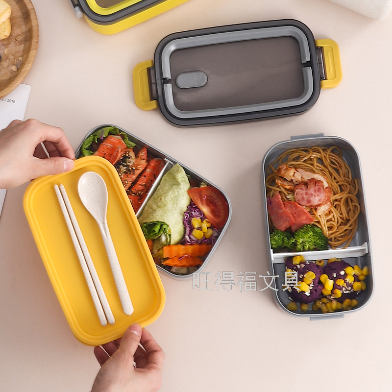 Plastic Tape Handle Double Deck Insulated Lunch Box with Tableware Portable Bento Box Multi-Layer Lunch Box Customizable 1400ml