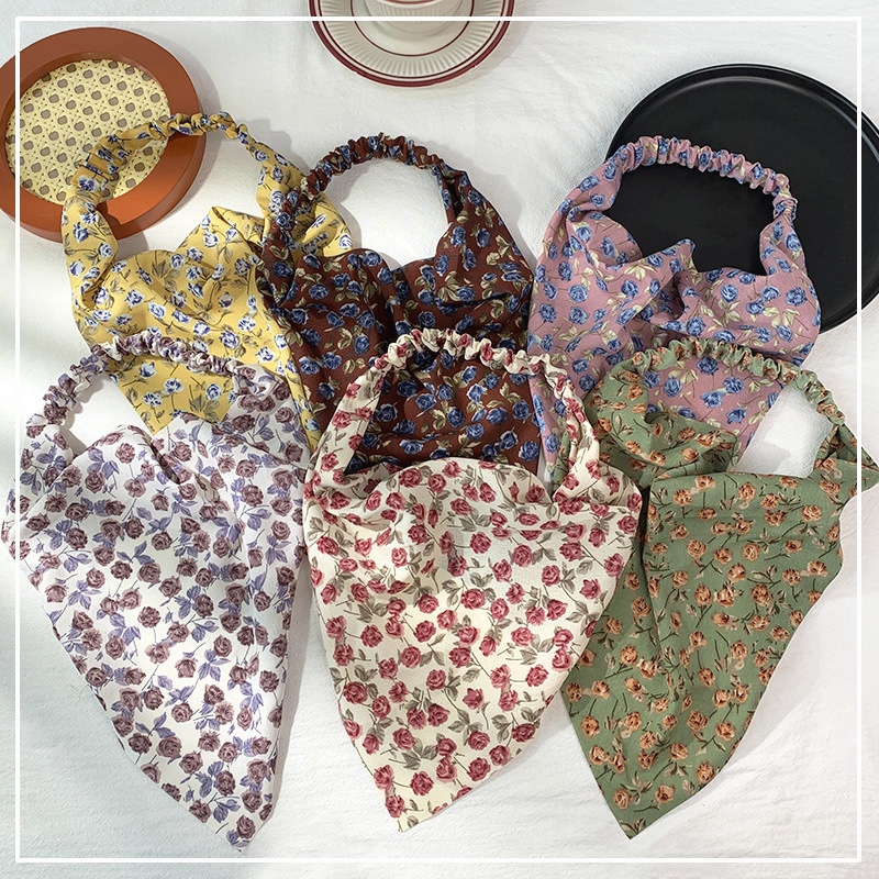 European and American New Floral Square Scarf Female Elastic Ribbon Cross-Border Hot Selling Baotou Triangular Binder Hair Accessories