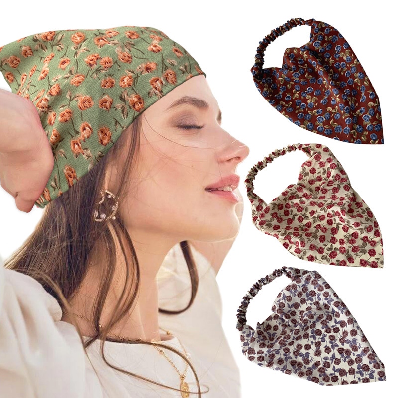 European and American New Floral Square Scarf Female Elastic Ribbon Cross-Border Hot Selling Baotou Triangular Binder Hair Accessories