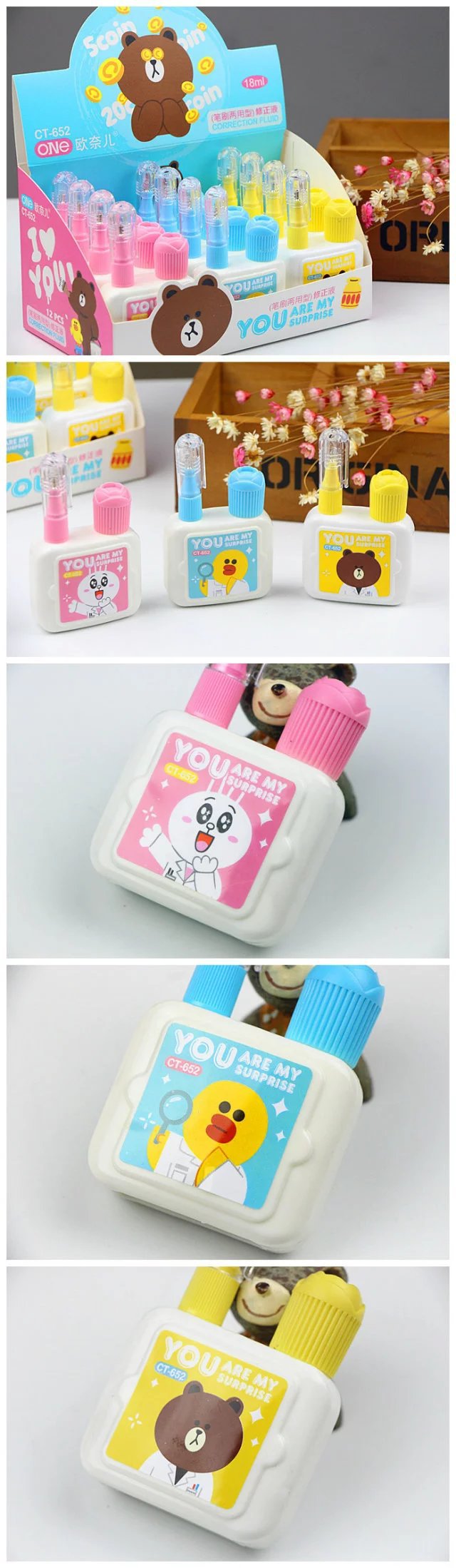 New Cartoon Cute Fresh Pattern Korean Stationery Environmental Protection Steel Head Quick-Drying Correction Fluid Dual-Use Correction Correction Fluid