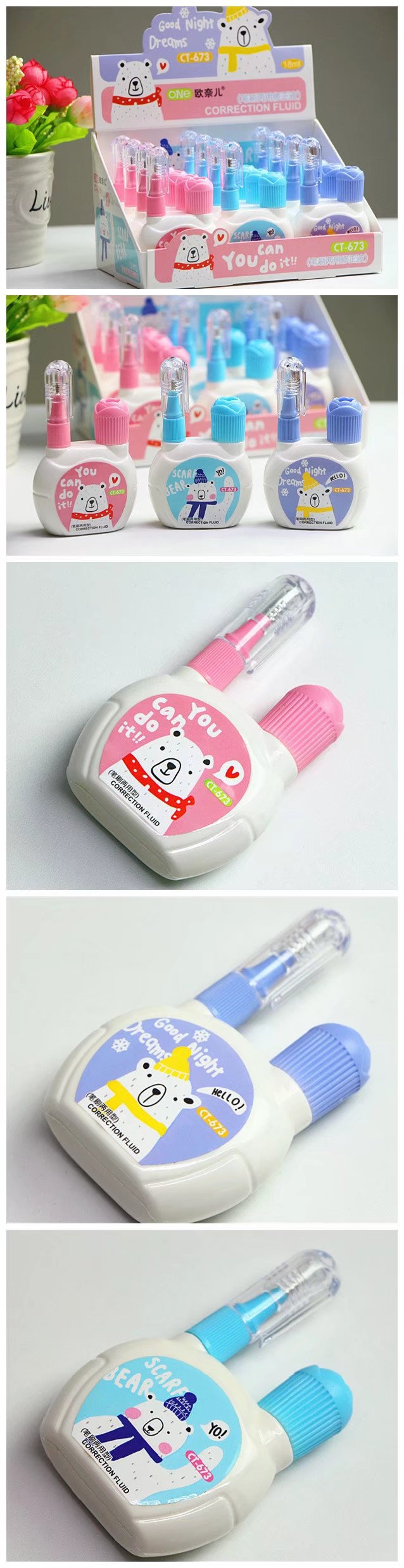 New Cartoon Cute Fresh Pattern Korean Stationery Environmental Protection Steel Head Quick-Drying Correction Fluid Dual-Use Correction Correction Fluid