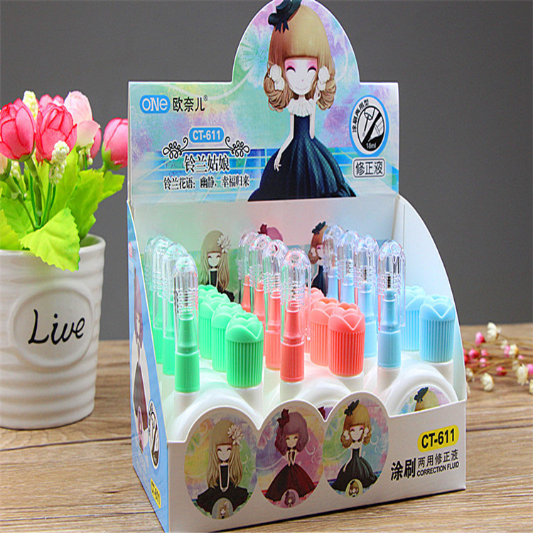 New Cartoon Cute Fresh Pattern Korean Stationery Environmental Protection Steel Head Quick-Drying Correction Fluid Dual-Use Correction Correction Fluid