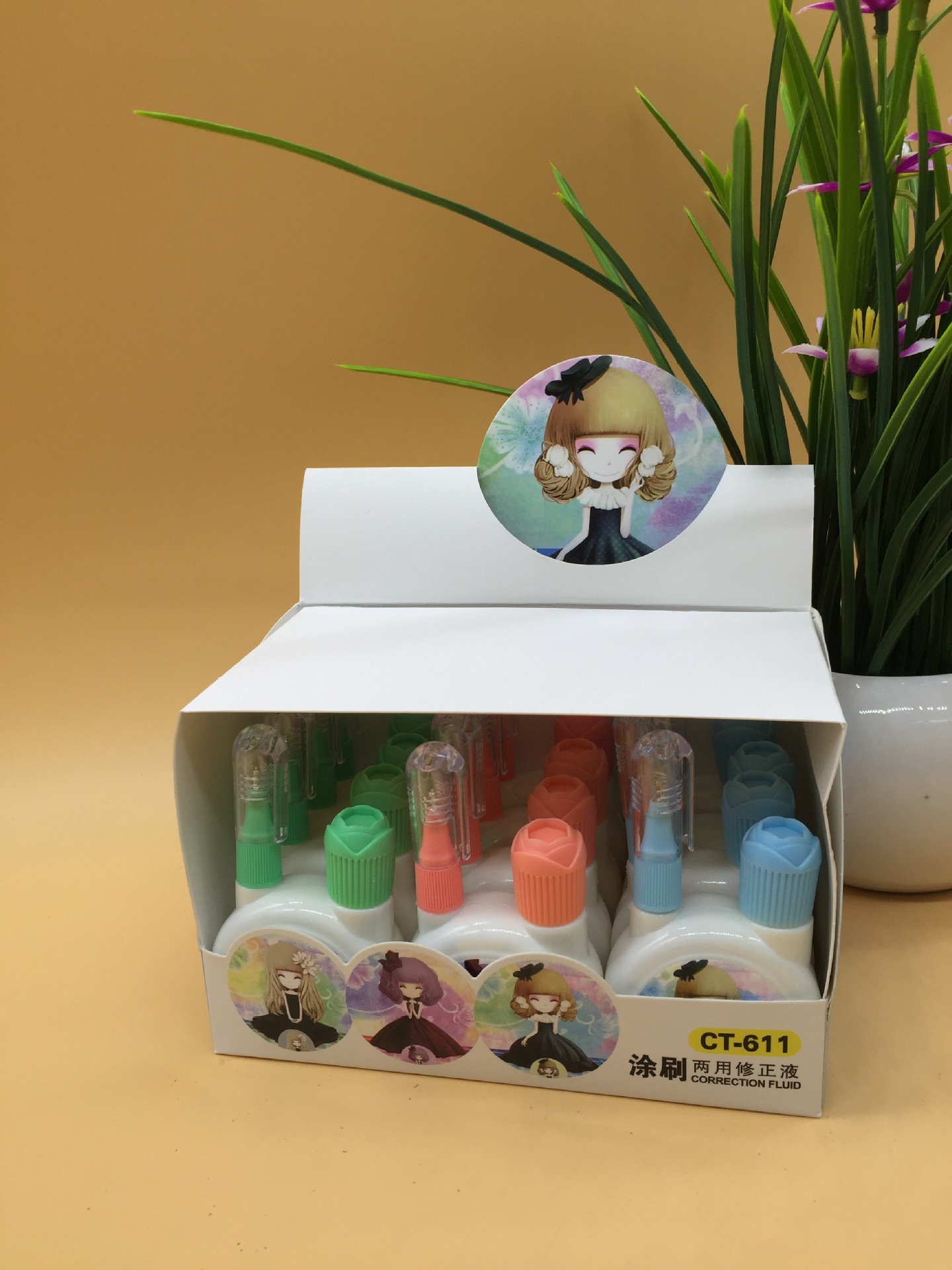 New Cartoon Cute Fresh Pattern Korean Stationery Environmental Protection Steel Head Quick-Drying Correction Fluid Dual-Use Correction Correction Fluid