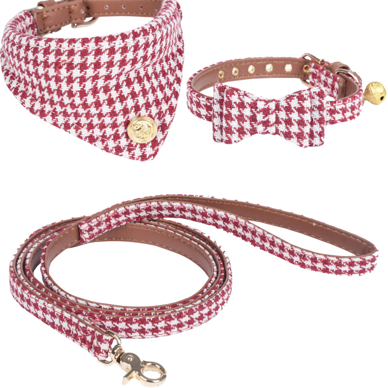 Factory Direct Supply Pet Collar Spot Houndstooth Bow Handle Triangular Binder Set Bell Collar Customization