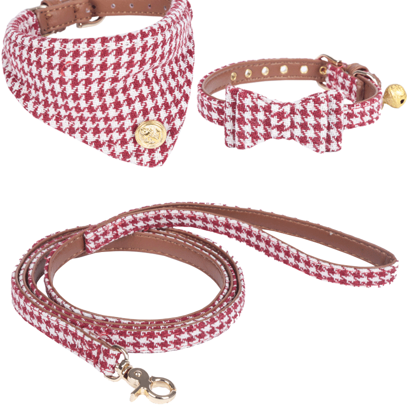 Factory Direct Supply Pet Collar Spot Houndstooth Bow Handle Triangular Binder Set Bell Collar Customization