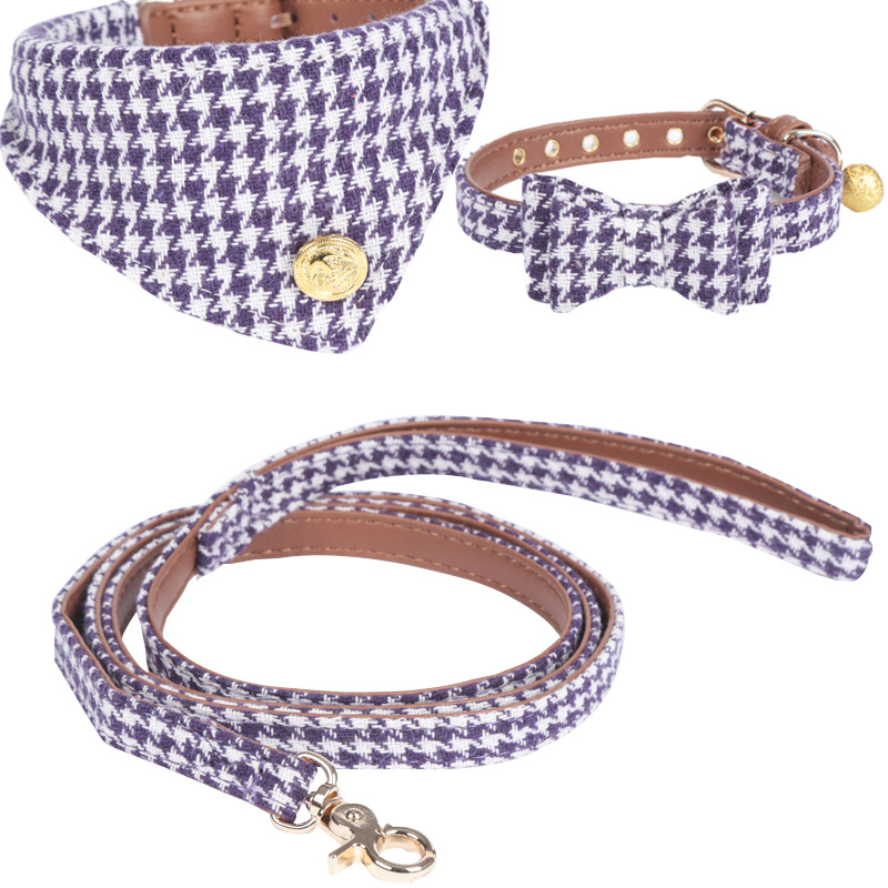 Factory Direct Supply Pet Collar Spot Houndstooth Bow Handle Triangular Binder Set Bell Collar Customization
