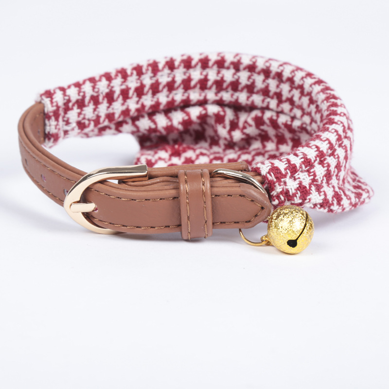 Factory Direct Supply Pet Collar Spot Houndstooth Bow Handle Triangular Binder Set Bell Collar Customization