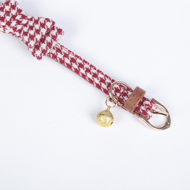 Factory Direct Supply Pet Collar Spot Houndstooth Bow Handle Triangular Binder Set Bell Collar Customization