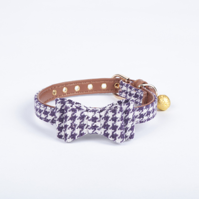 Factory Direct Supply Pet Collar Spot Houndstooth Bow Handle Triangular Binder Set Bell Collar Customization