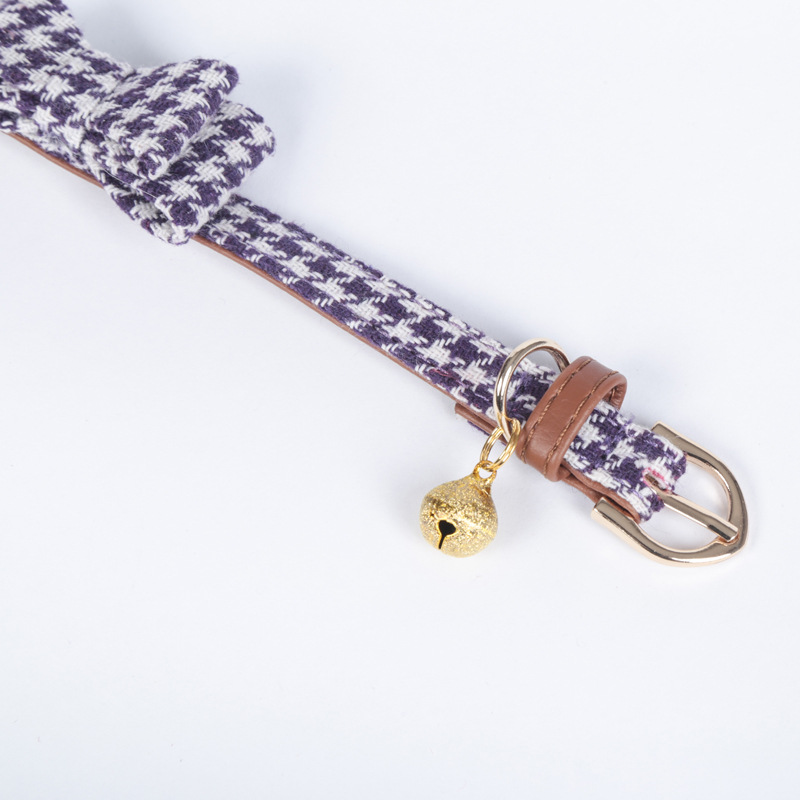 Factory Direct Supply Pet Collar Spot Houndstooth Bow Handle Triangular Binder Set Bell Collar Customization