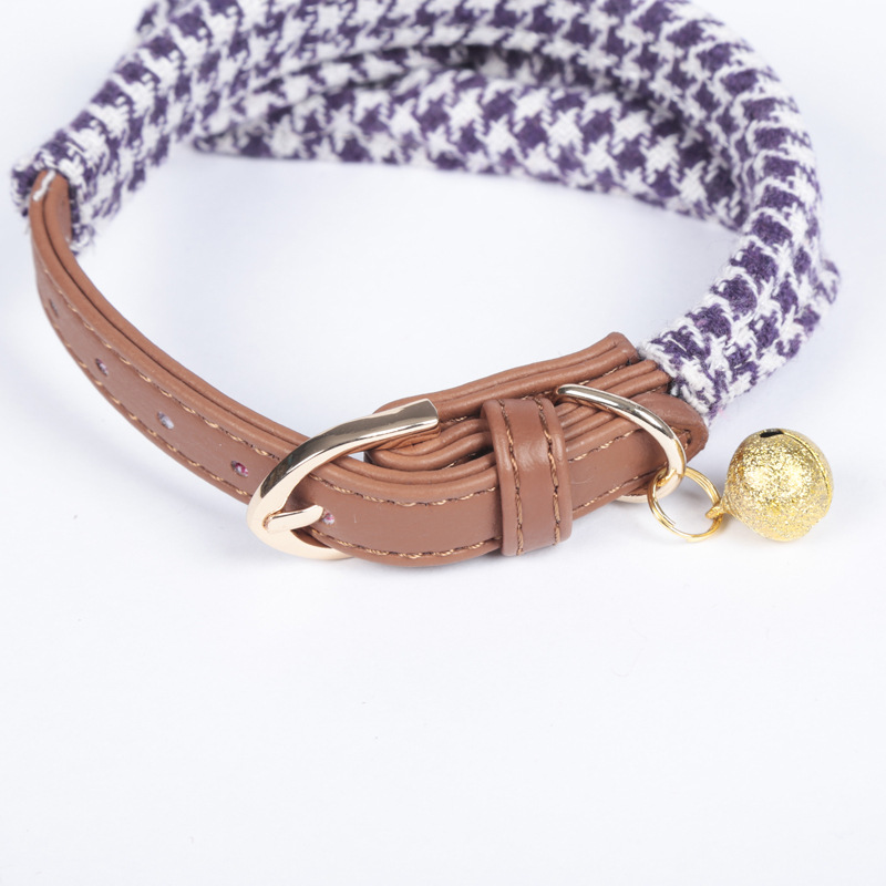 Factory Direct Supply Pet Collar Spot Houndstooth Bow Handle Triangular Binder Set Bell Collar Customization